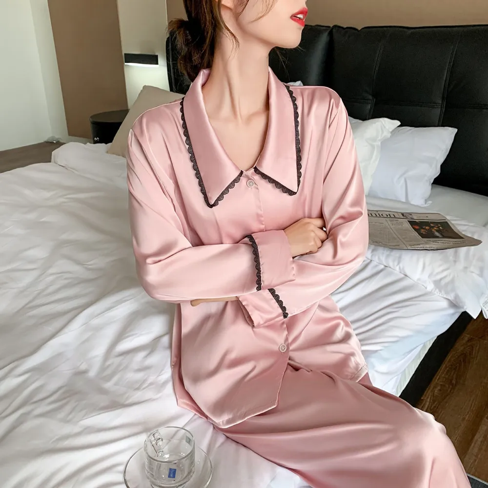 

Solid Color Sleepwear 2023 Autumn New Silk Satin Pajamas Long Pant Pyjamas Women Set Nightwear Suits Pyjamas Home Clothes