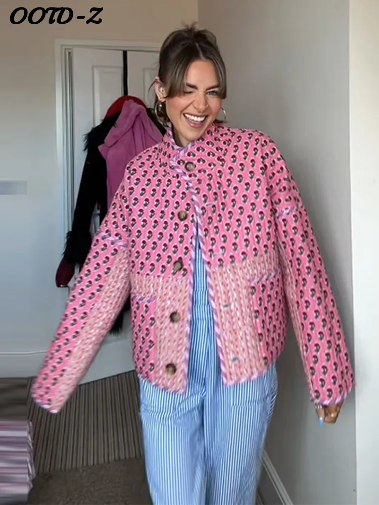 Abrigos cálidos de doble cara para mujer, abrigo grueso holgado de manga larga con botones estampados, prendas de vestir para mujer para Otoño e Invierno 2025