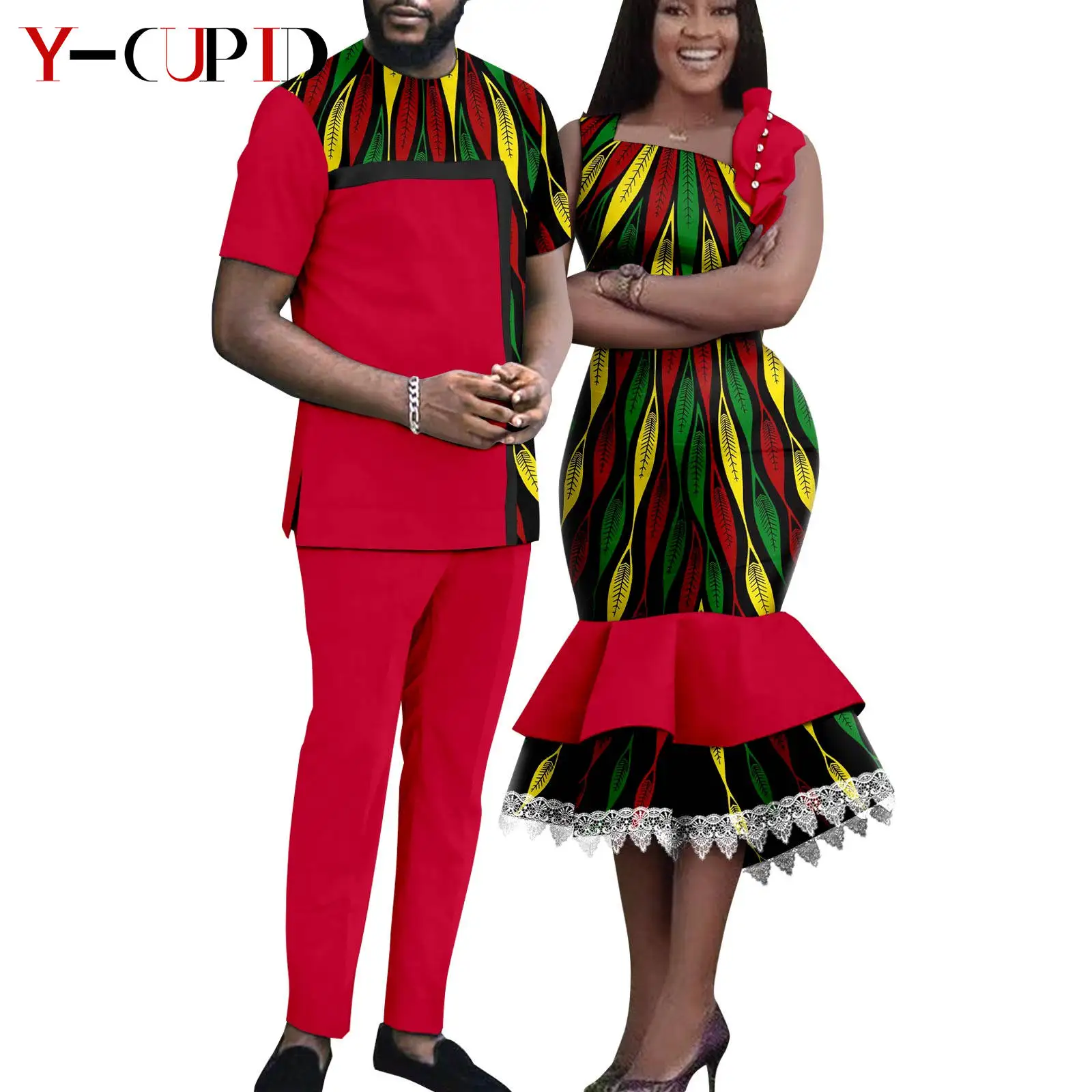 African Matching Outfit for Couples Dashiki Summer Women Ruffles Dresses Bazin Riche Men Patchwork Top and Pant Sets Y23C055