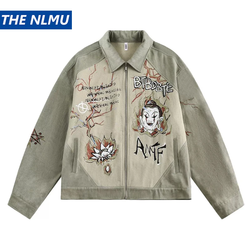 

Vintage Patchwork Denim Jacket Harajuku Hip Hop Streetwear Oversized Graffiti Jean Jacket Retro Outwear for Male Unisex