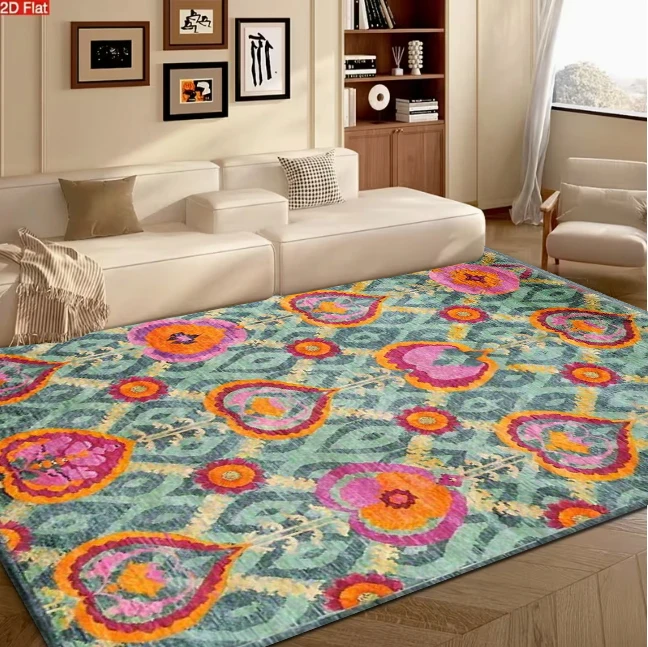 Boho Bright Floral Square Area Rug Ethnic Heart-Shaped Flower Geometric Non-Slip Carpet for Living Room Bohemian Home Decor