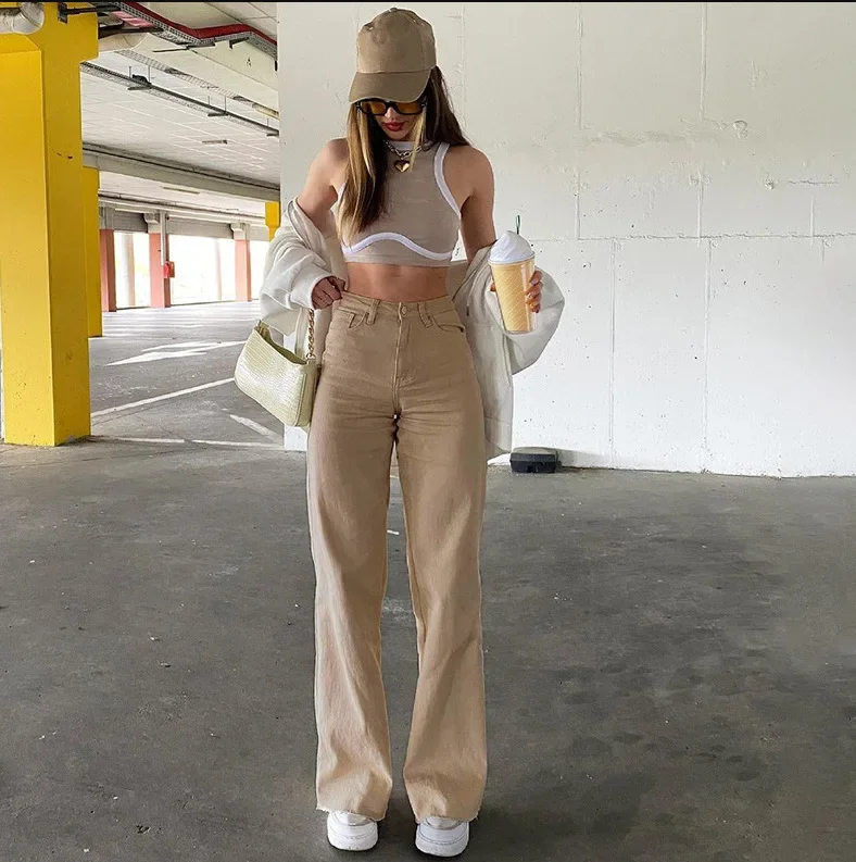 Women Jeans Straight Pants Solid Zipper High Waist Denim Ankle Length Loose Pockets Slight Strech Spring 2025 Streetwear