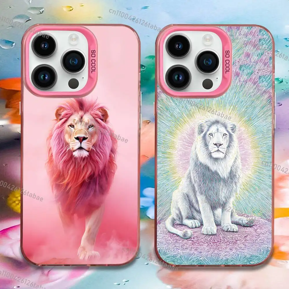 

pink White lion pattern Phone Case For iPhone 17,16,15,14,13,12,11,Mini,Pro,E,MAX Pink Candy Matte Shockproof Cover