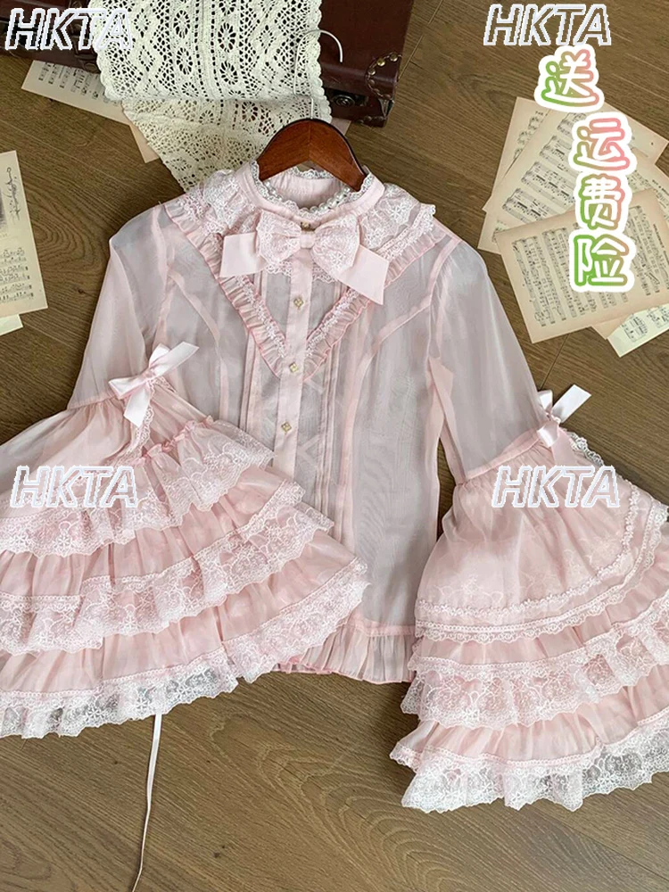 

Рубашки в стиле Лолиты, женские кукольные рубашки, ощущение древнего Хэллоуина, кружевной рог, длинный рукав, круглый вырез, бант, тонкие розовые топы Blusas, женские топы