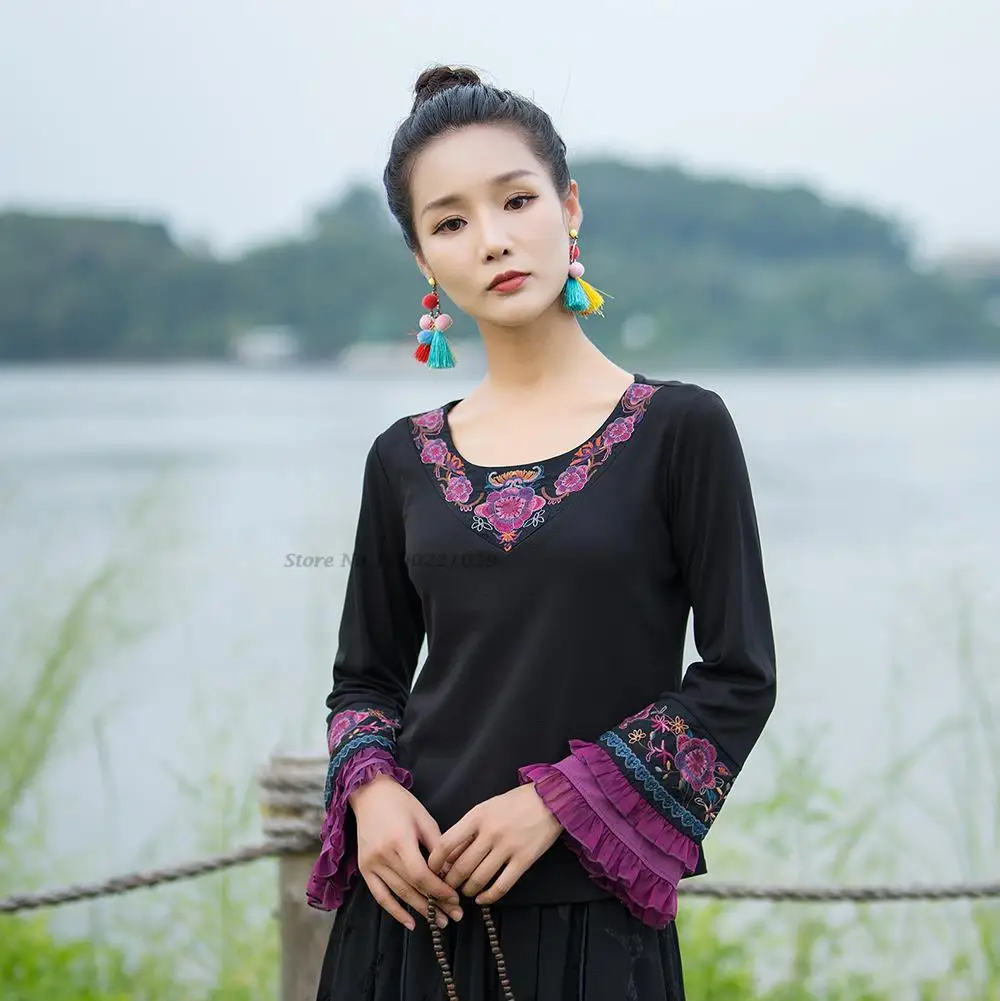 

2025 national flower embroidery o-neck hanfu tops ethnic style women vintage harajuku elegant female t-shirt oriental tang suit