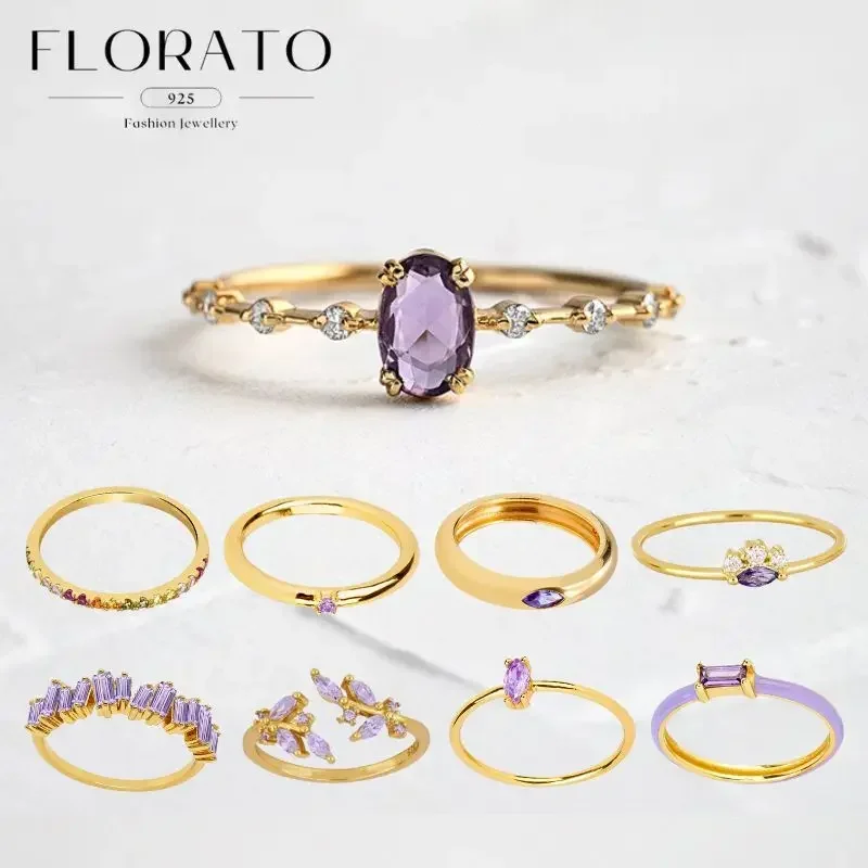 18K Gold Plated Purple Crystal Ring For Women Romantic Engagement Wedding Ring Luxury Fashion Jewelry Gifts 6/7/8size