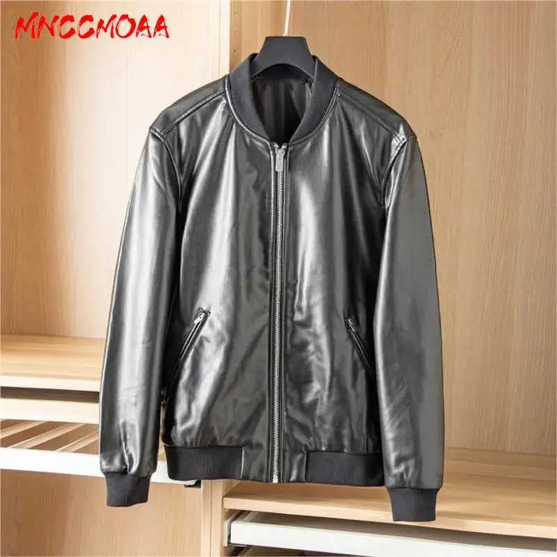 MNCCMOAA-Men's Loose Leather Jacket, Casual Coats, Long Sleeve, Zipper Outerwear, Monochromatic, Fashion, Spring, Autumn, 2024