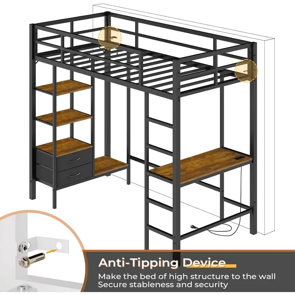 Bunk Beds Loft Bed, Desk and Charging Station, Storage Shelves and Drawers with Clothes Rail Safety Guard & Ladder, Bunk Bed