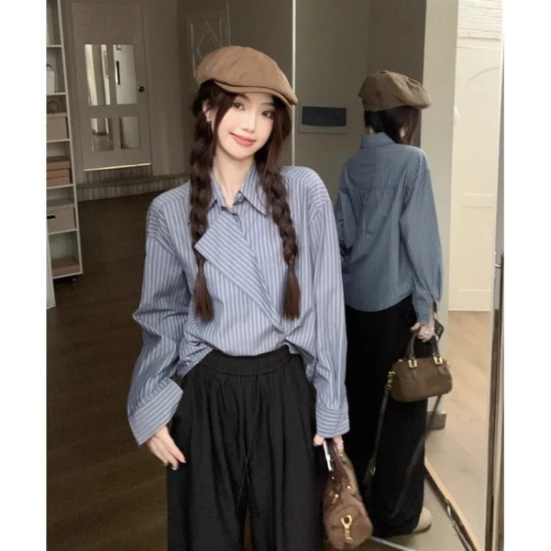 

Navy Blue Striped Shirt Women Autumn Unique Design Asymmetrical Top