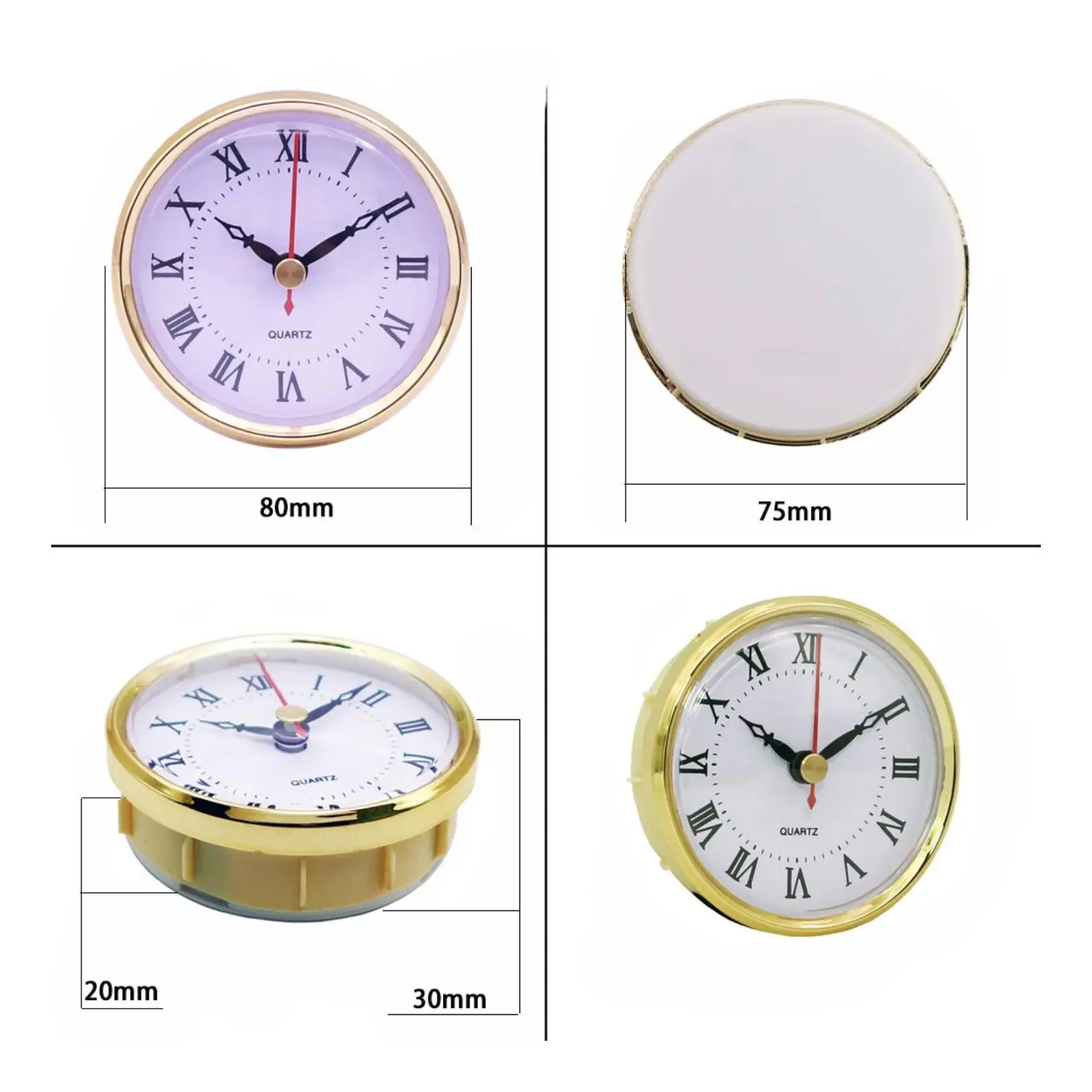 Quartz Clock Movement 80mm Gold Bezel White Face Roman Numeral Design for DIY Clock Building and Home Decor Restoration