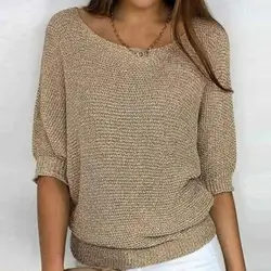 Warm Comfortable Sweater Stylish Women's Knitwear Loose Fit Pullover Tops with 3/4 Sleeves for Autumn Winter Women Solid Color