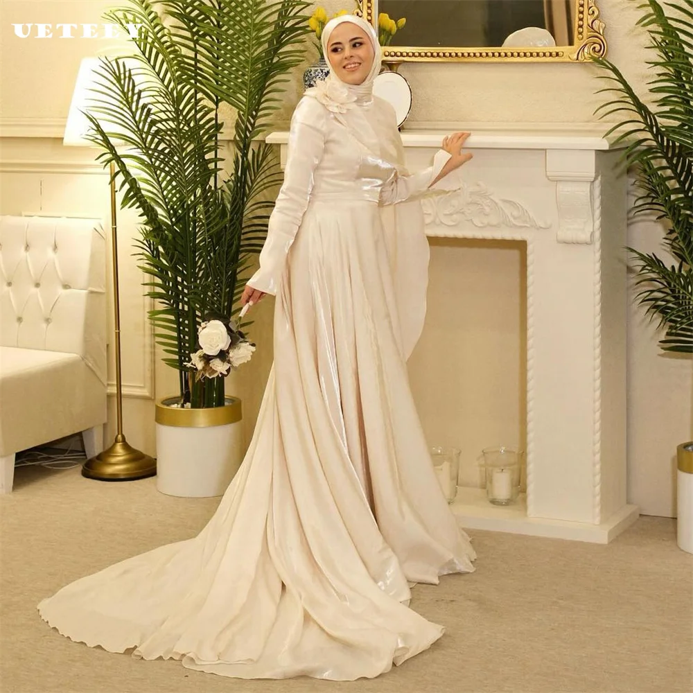 UETEEY Customized Muslim O Neck Cape Long Sleeves Satin A Line Wedding Dress Women Flowers Zipper Floor Length vestidos de novia