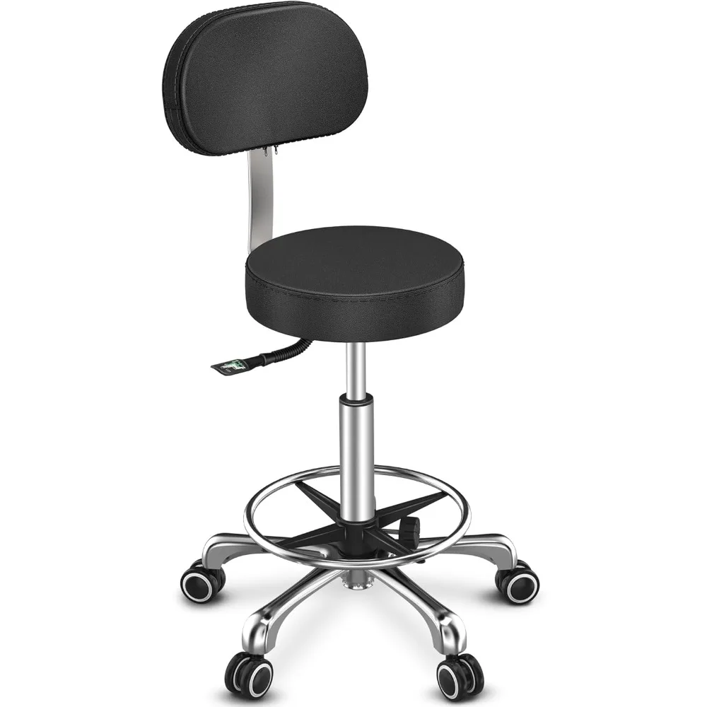 

Professional Rolling Stool Chair, PU Leather Seat with Backrest, Height Adjustable, Swivel Metal Feet, Salon Spa Tattoo M