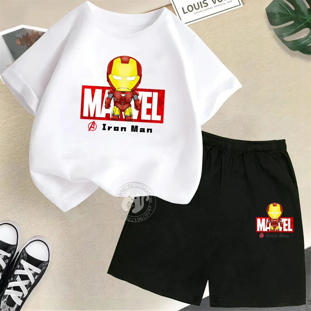

Mini Cute Cartoon Iron Man Summer 100% Cotton T-shirt + Shorts Boys Girls Cartoon Fashion Street casual comfortable kids wear