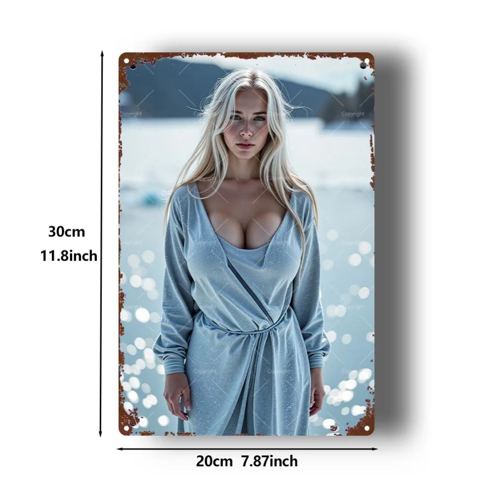 Retro Metal Tin Sign, Blonde Woman in Light Blue Sparkling Dress by the Lake, Vintage Nature Portrait Wall Art Decor, 20x30cm