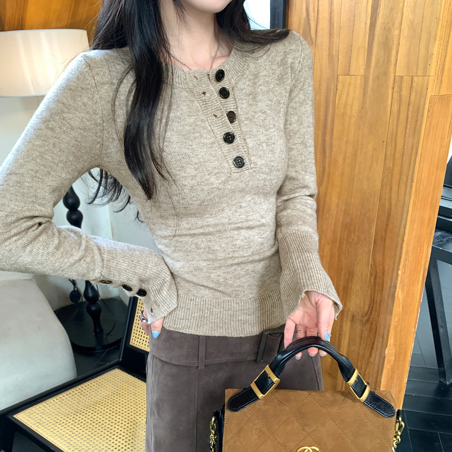 Sli f-Unbuttoned Base de punto irt Ropa interior adelgazante de otoño invierno para mujer Top suave francés Sle Long Sve redondo...