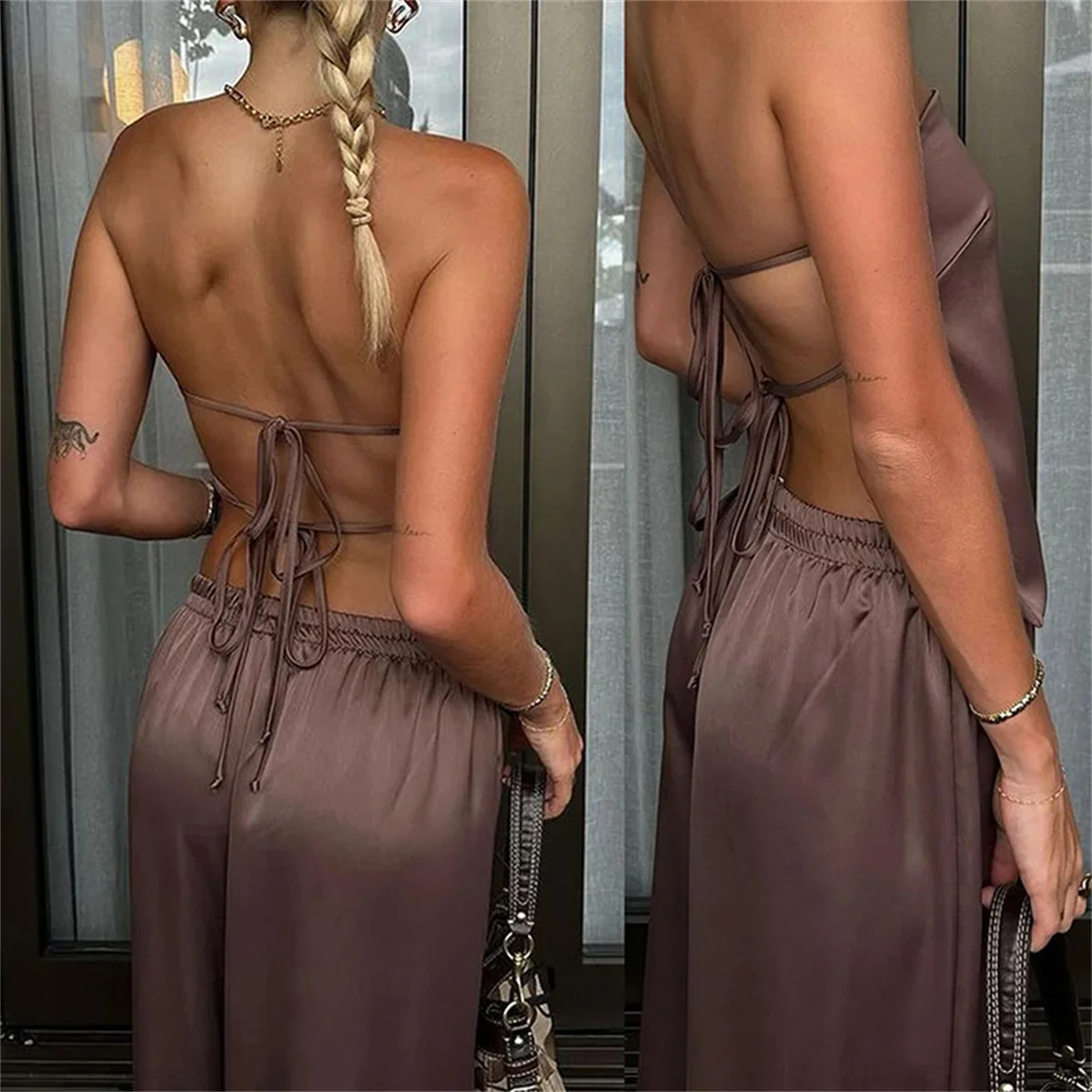 Y2K Satin 2piece Sets Womens Outfit Bandage Lace-up Backless Bandeau Club Tops+ Wide Leg Pants Set Chi Elegant Streetwear Suits