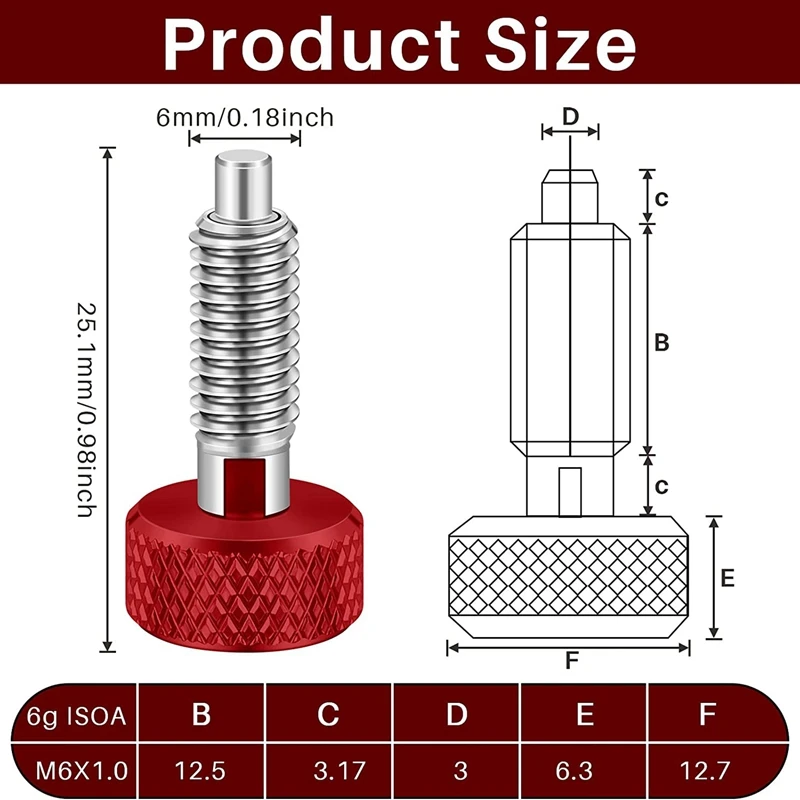 Red Hand Retractable Spring Plunger With Knurled Handle M6 Type Quick Release Pins For Rolling Toolbox
