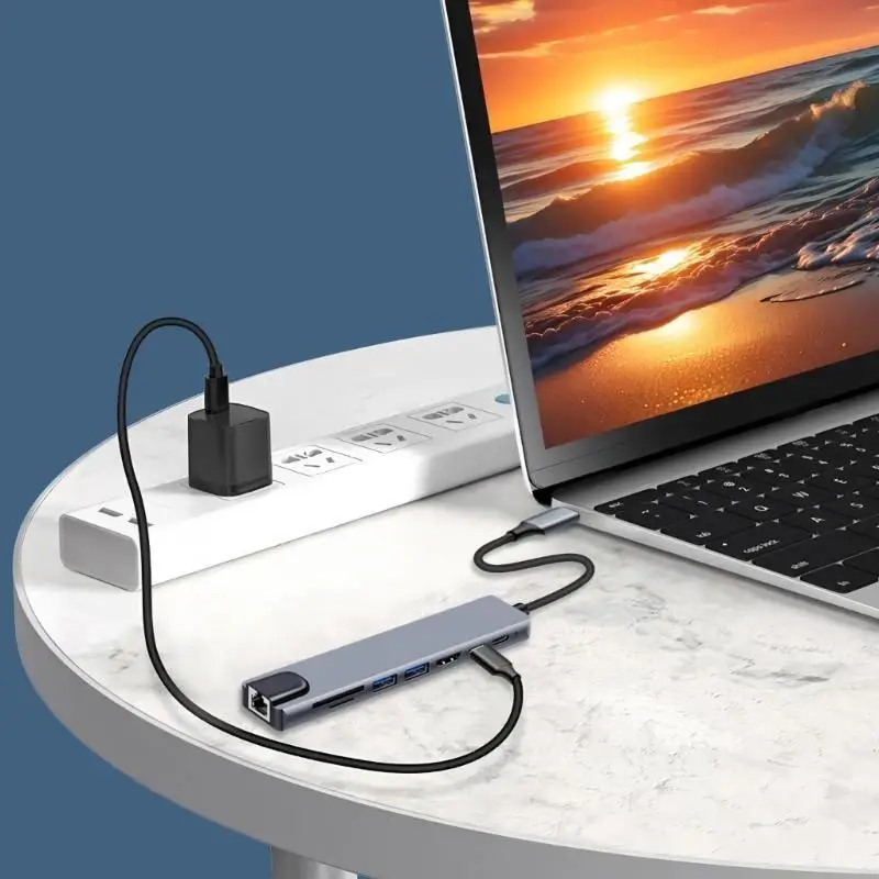 

Новинка 2025 года, многофункциональный концентратор USB C, 8 портов, 4K, HDMIs PD100W, зарядная док-станция, порт Ethernet, карт