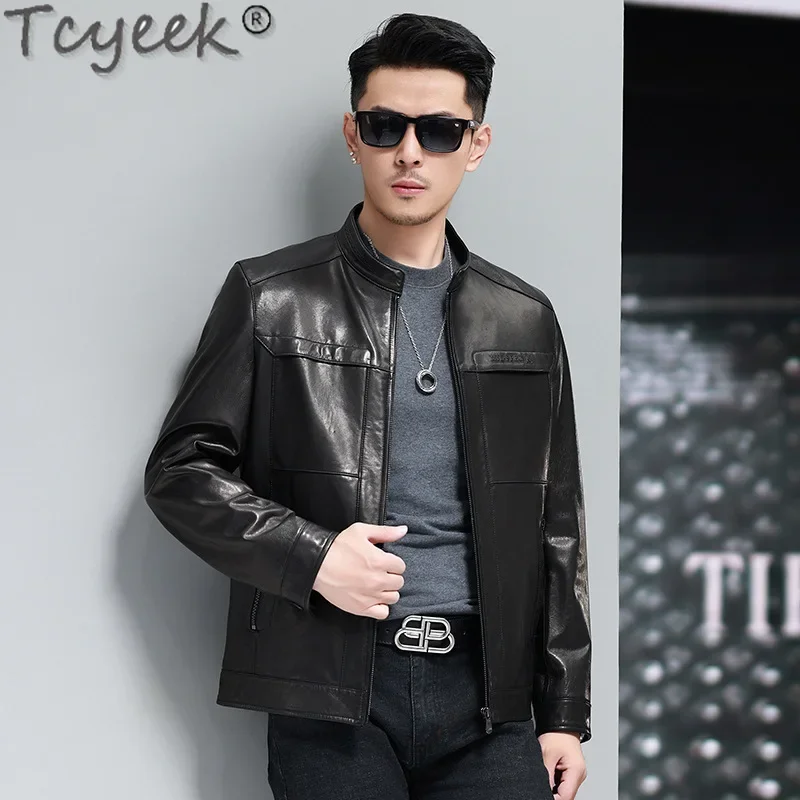 Tcyeek Genuine Leather Man Jackets Spring Autumn Cothes 100% Goatskin Coat Black Casual Mens Coats Stand Collar Куртка Мужская