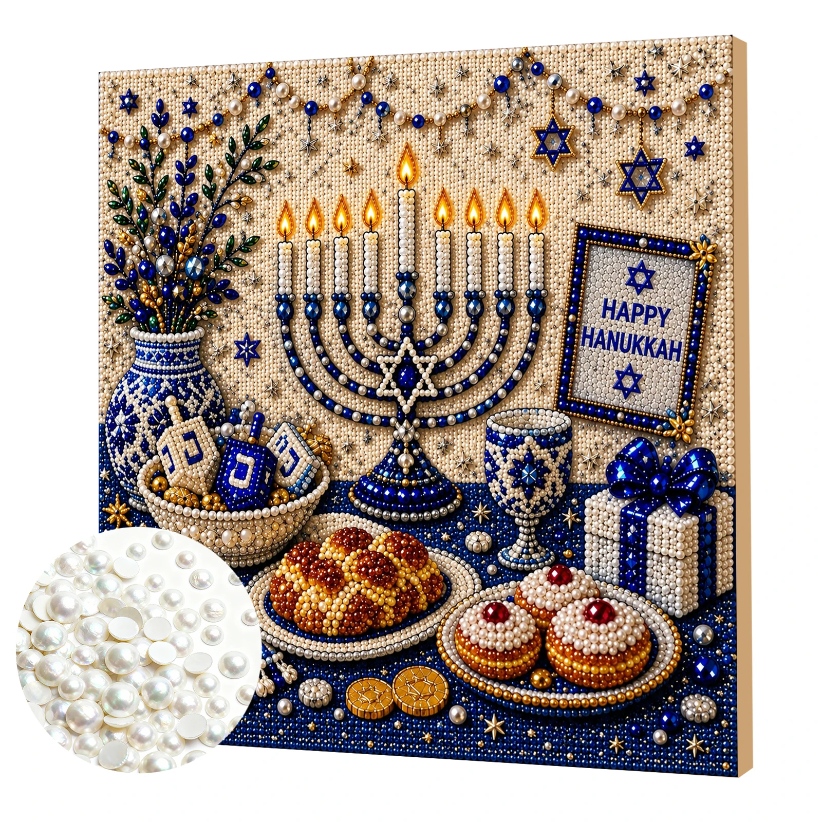 Framed Pearl Painting Kit Hanukkah Star of David 3D Bead DIY 11.81x11.81in Self-Adhesive for Adults