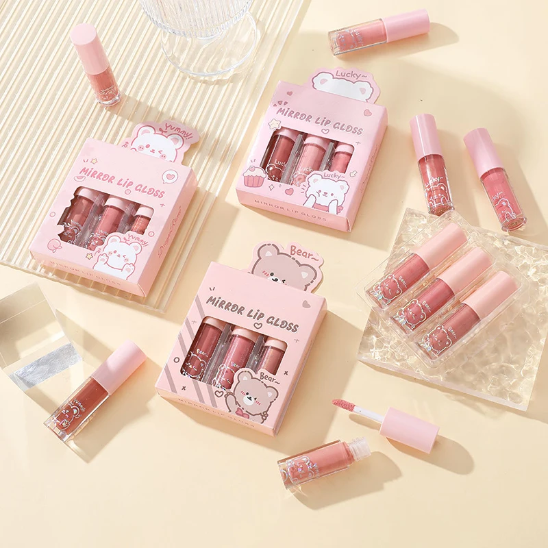 3 pz/set Lip Gloss Glass con lucidalabbra idratante e perla come lustro Cartoon Set Box con labbra scintillanti