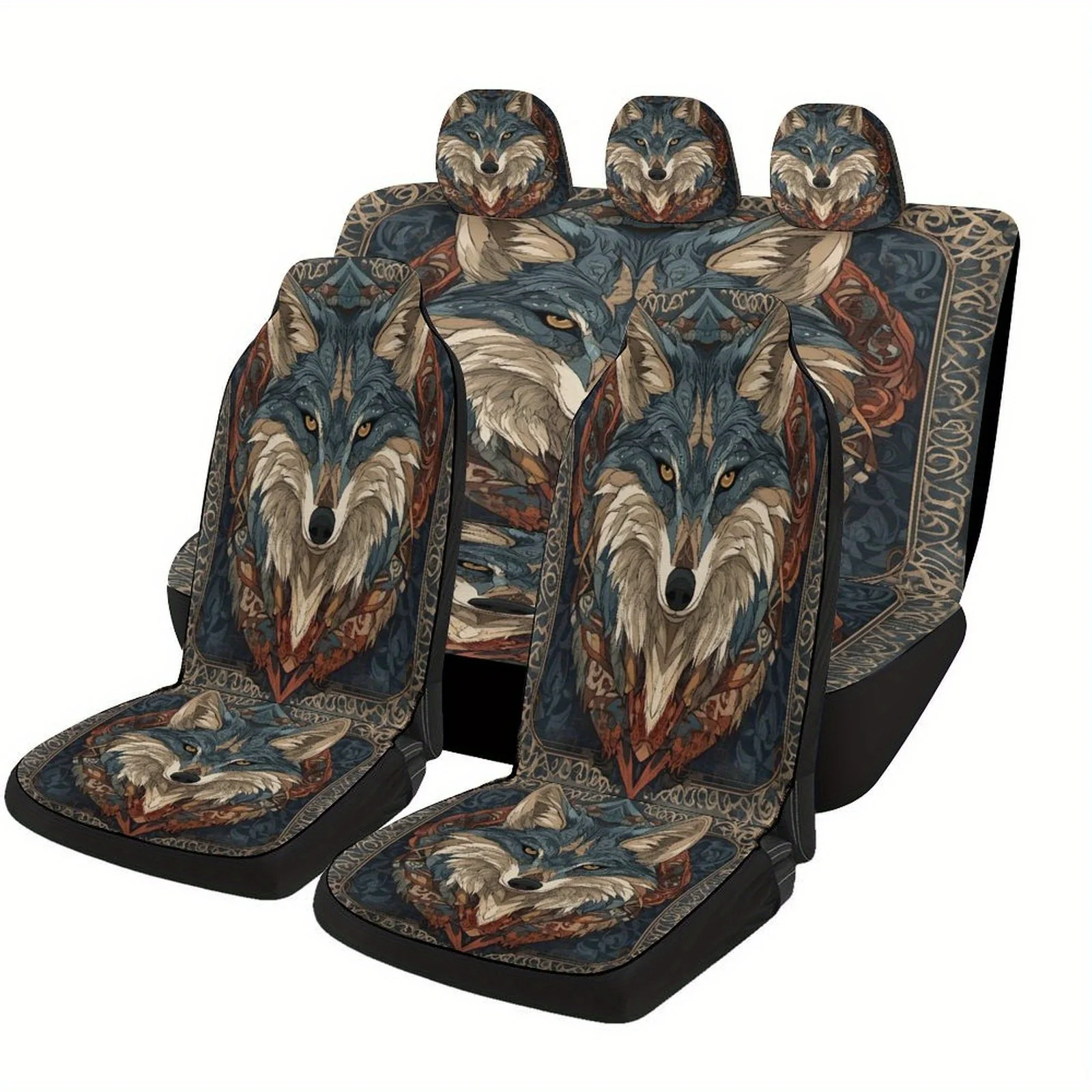 Car Seat Cover Set Featuring A Wolf Portrait, Suitable For Various Vehicles. These High-Quality, Comfortable Protectors Come As