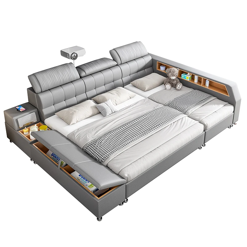 Modern simple bed, spliced bed, leather bed, double bed, master bedroom, mother bed