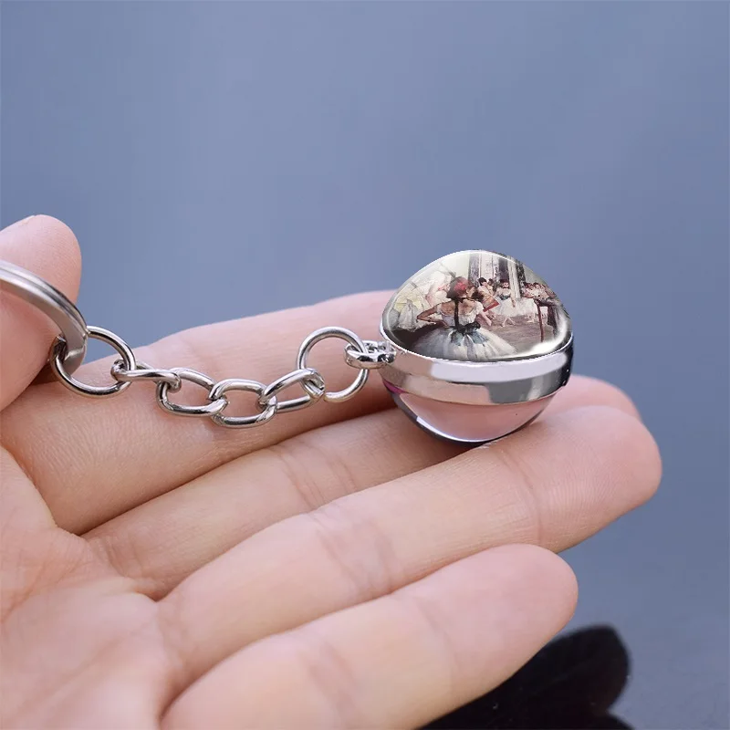 Ballerina Jewelry Keychain Double Side Key Chains Ballet Class Glass Ball Keyring Ballet Lover Gifts Edgar Degas Fashion Art