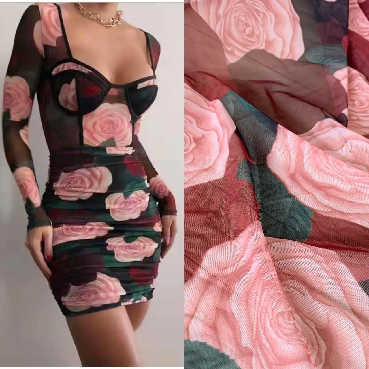 

4 Way Stretchy Printed Mesh Dip Dyed Flower Elastic Rose Tulle Lace Fabric Gauze for Lingerie,Ball Gown,Sexy Dresses