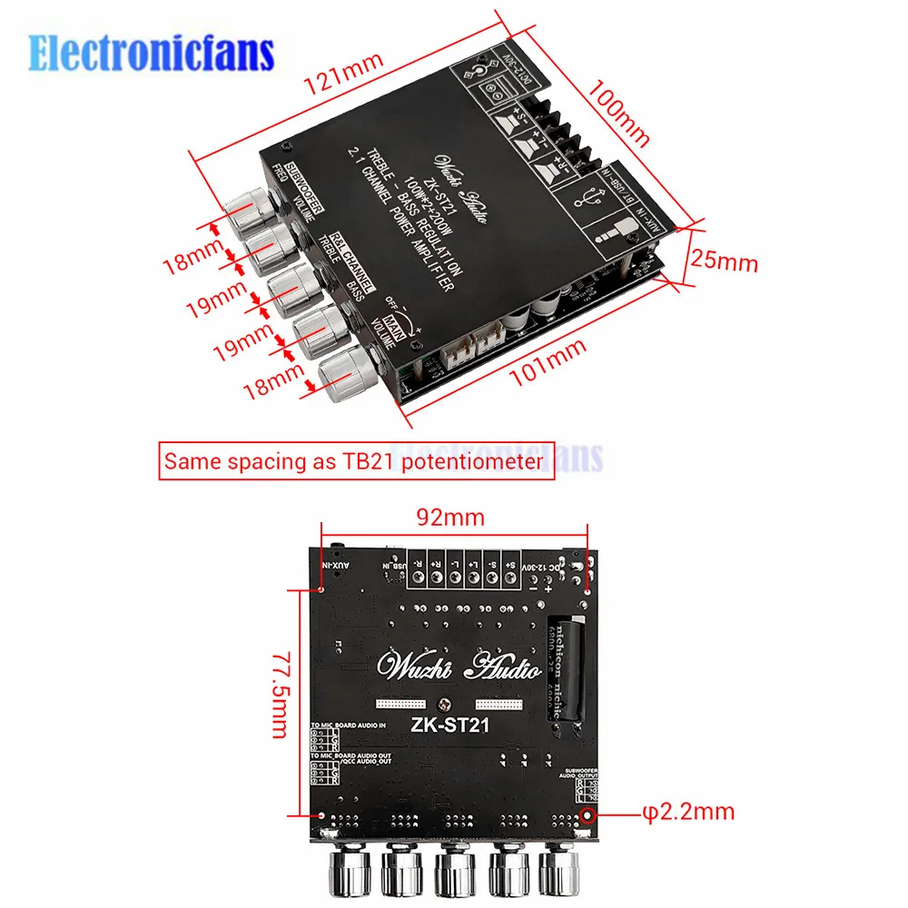 ZK-ST21 BT Digital Amplifier Board 2.1 Channel 100W+100W+200W Subwoofer Chip TPA3221