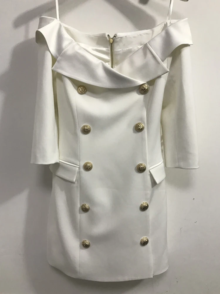 

TOP QUALITY New Stylish Designer Dress Women's Notched Collar Off The Shoulder Lion Buttons Double Breasted Blazer Dress