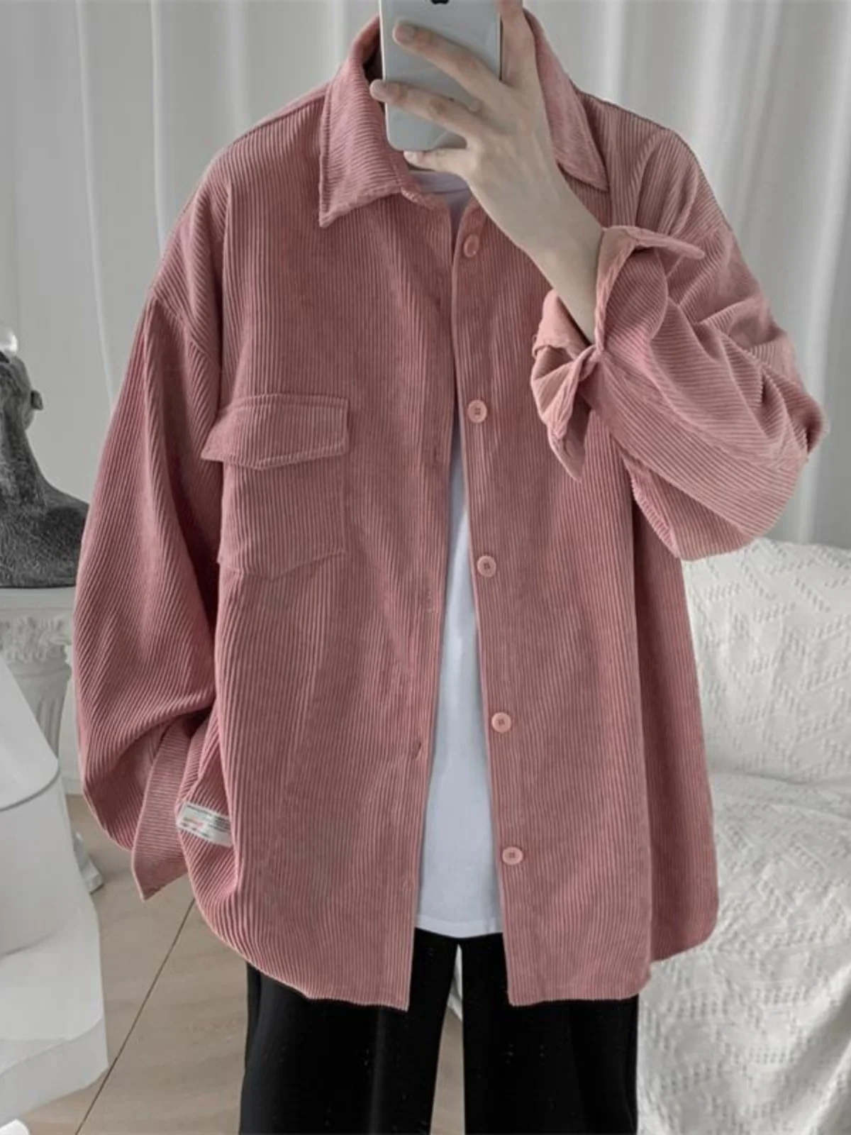 

Pink Corduroy Men's Spring Autumn Long Sleeve Jacket Couple's Style Hong Kong Hong Style Long Shirt Design Thickened Inner Wear