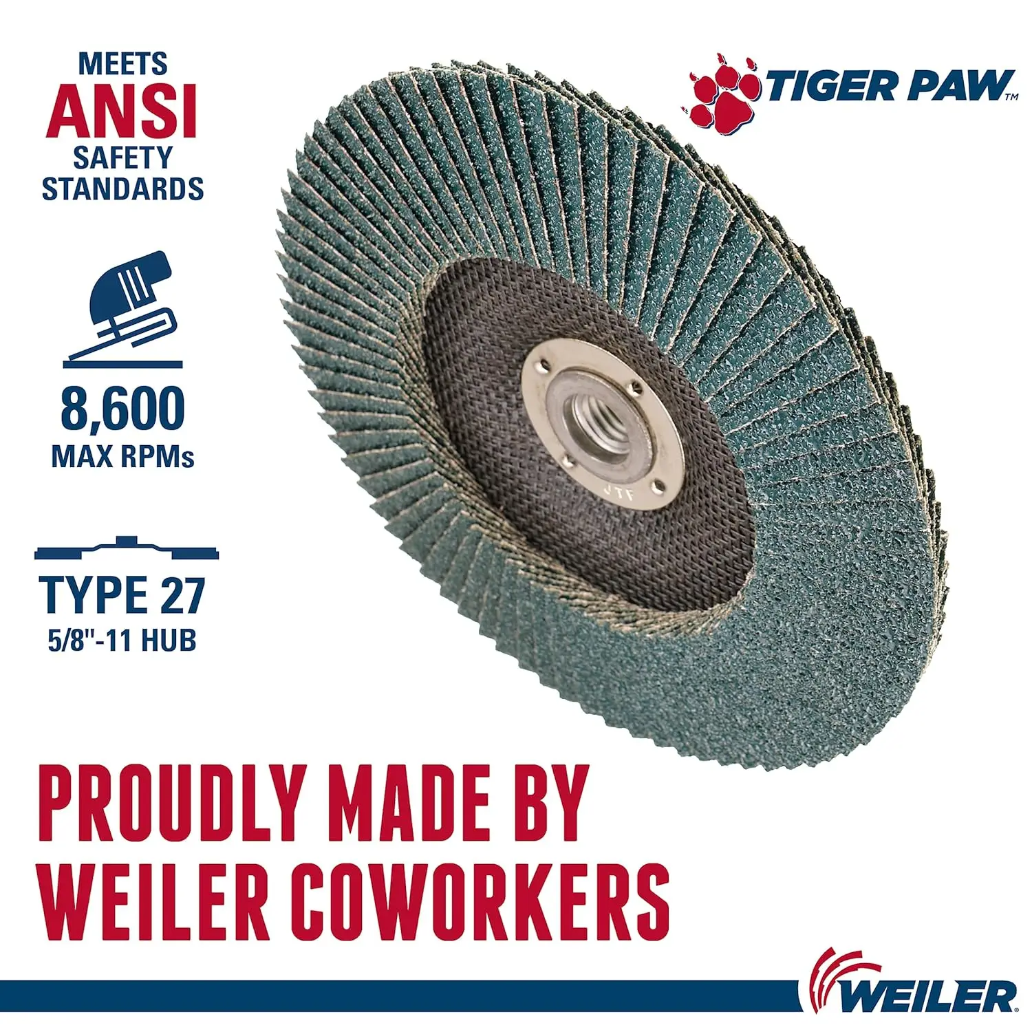 51140 7 "Tiger Paw Abrasive Flap Disc, Flat (Ty27), Phenolic support, 40Z, 5/8"-11 UNC Nut (pak 10)