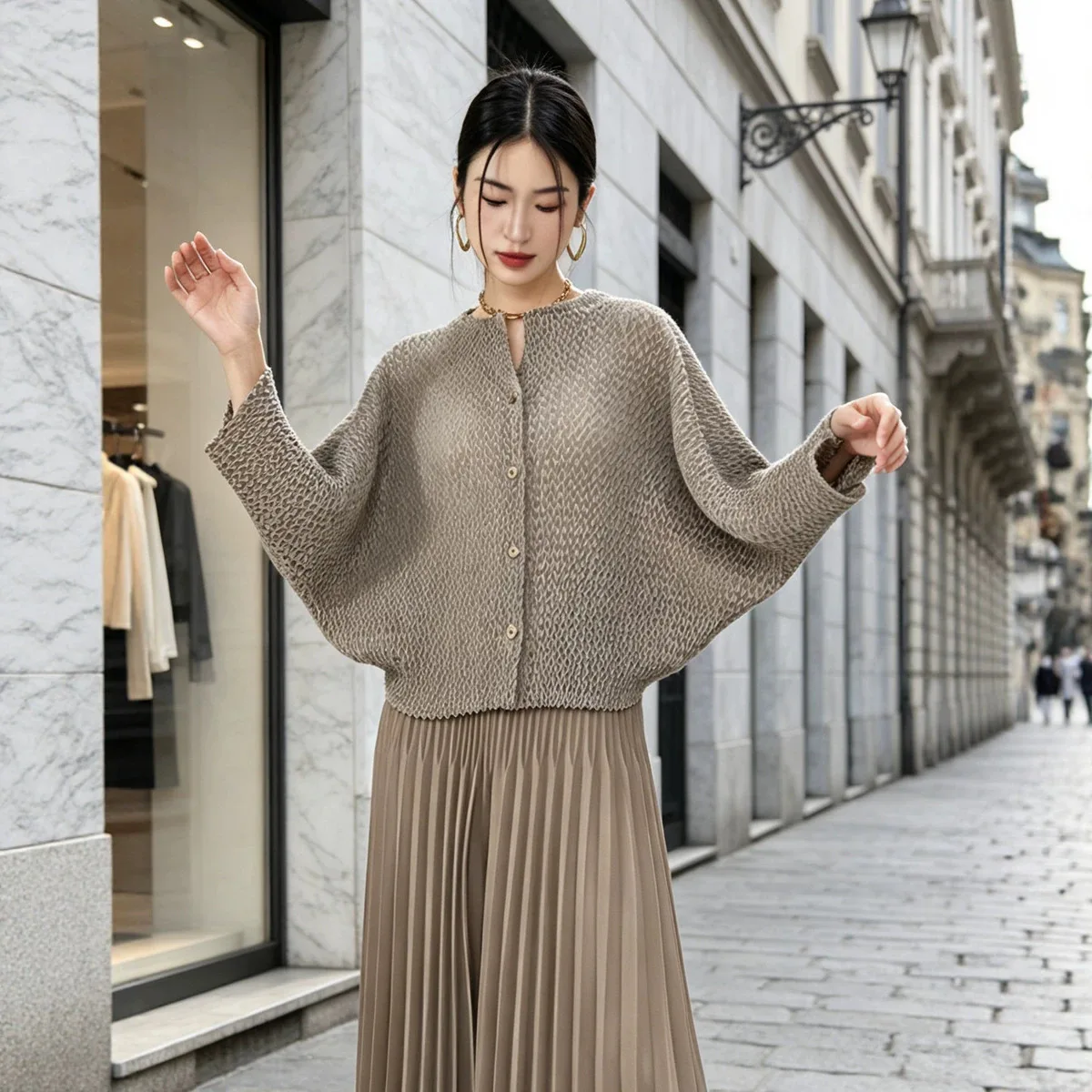 Women Miyake Pleated Cardigan, Solid Khaki Textured Long Sleeve Button Down Loose Pleated Jacket Casual Outerwear