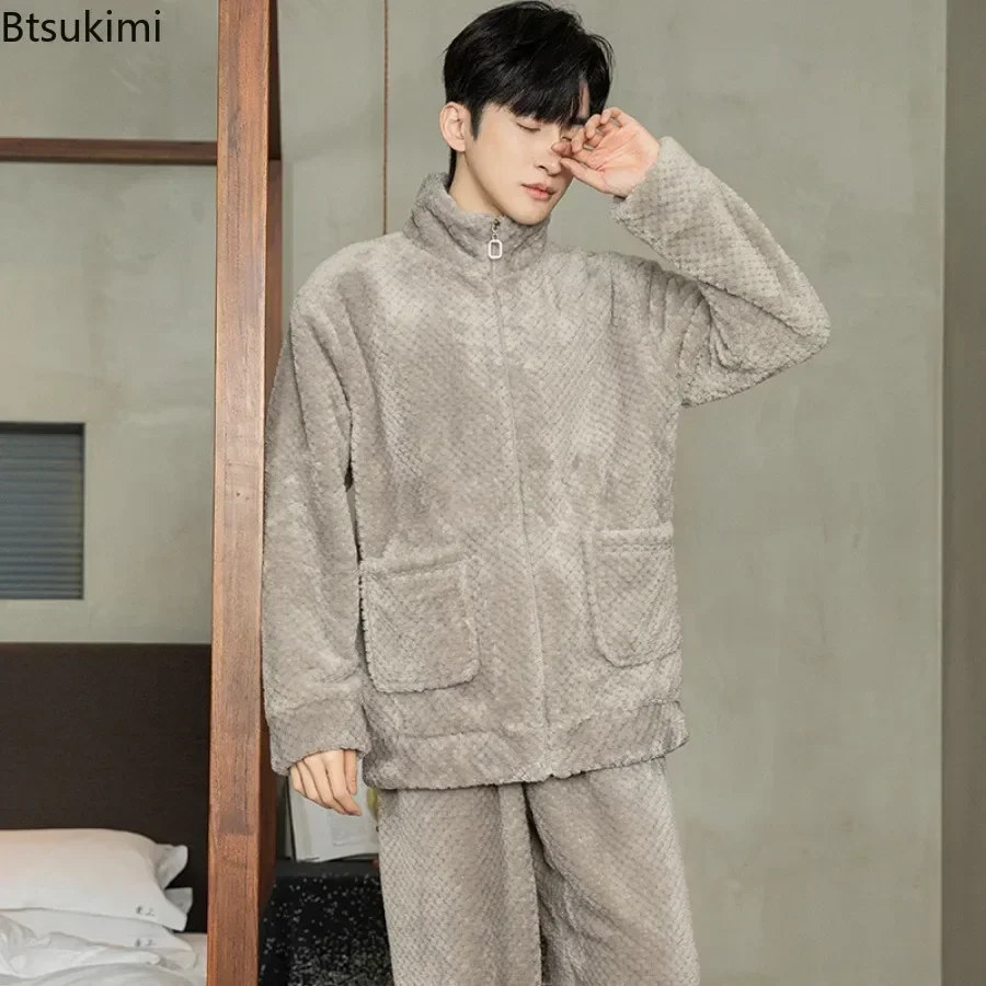 2025 Men's Warm Thickened Coral Fleece Pajamas Sets Autumn Winter Casual 2PCS Sleepwear Sets Male Warm Soft Flannel Nightwear