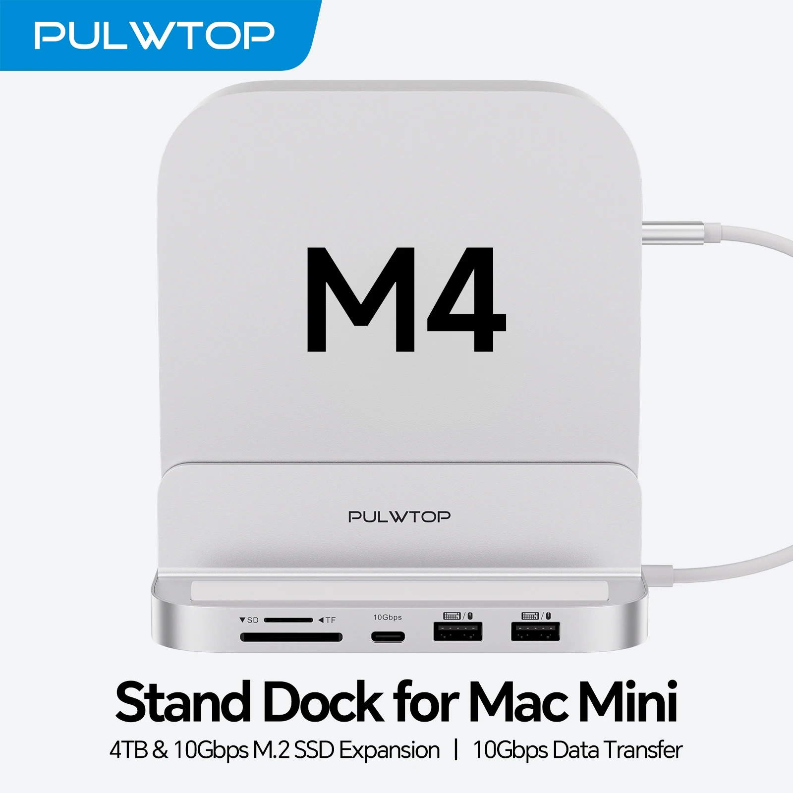 PULWTOP Vertical Mac Mini M4 Dock with 4TB SSD Enclosure, USB A/C 10Gbps, USB A 2.0, SD/TF, Audio for Mini M6, M5 Pro, M4/M4 Pro