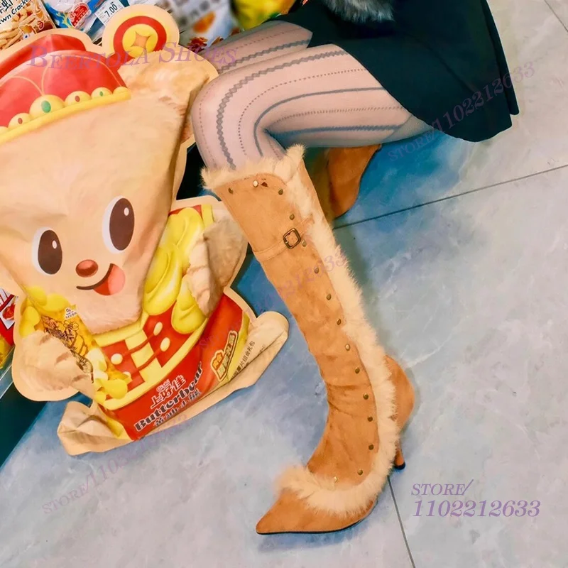 

Women Brown Suede Knee Boots British Pointed Toe Khaki Fur Zipper Stiletto Heel Booties Low Heel Patchwork Plush Fringe Shoes