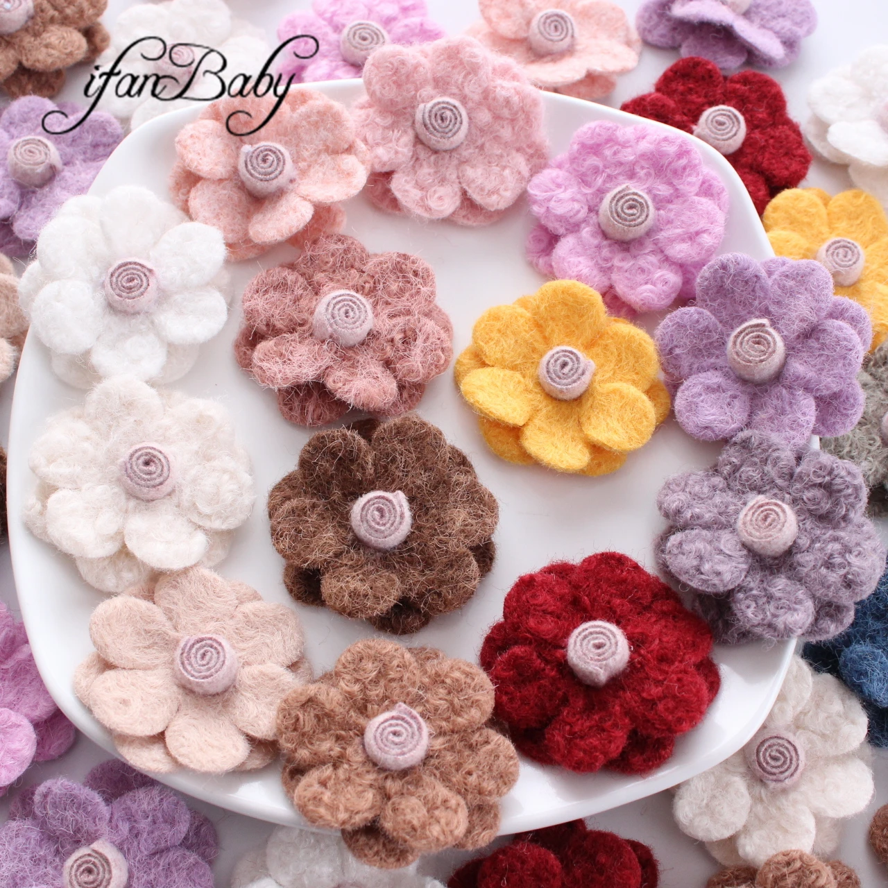 Flat Back 5cm Felt Wool Flowers For Hair DIY Accessories With Lollipop in Center Hair Flowers