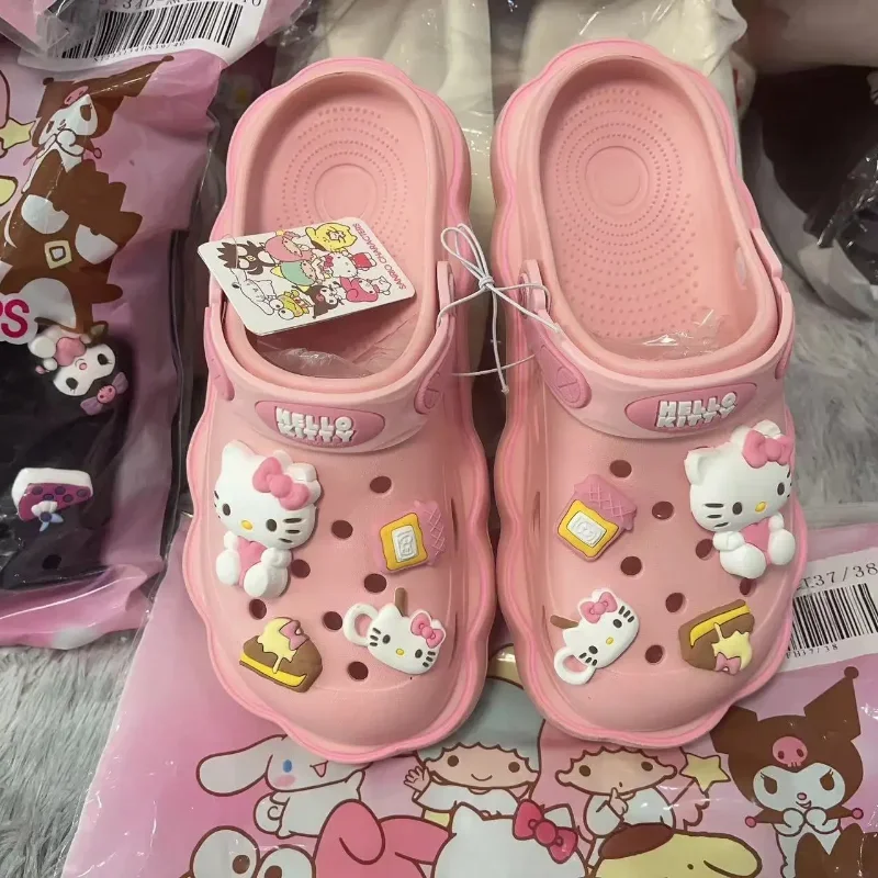 Kawaii Lolita Sanrio Hello Kitty Cave Shoes Women\'s Summer Sandals With Thick Heels Kuromi Cinnamoroll Casual Slippers Female