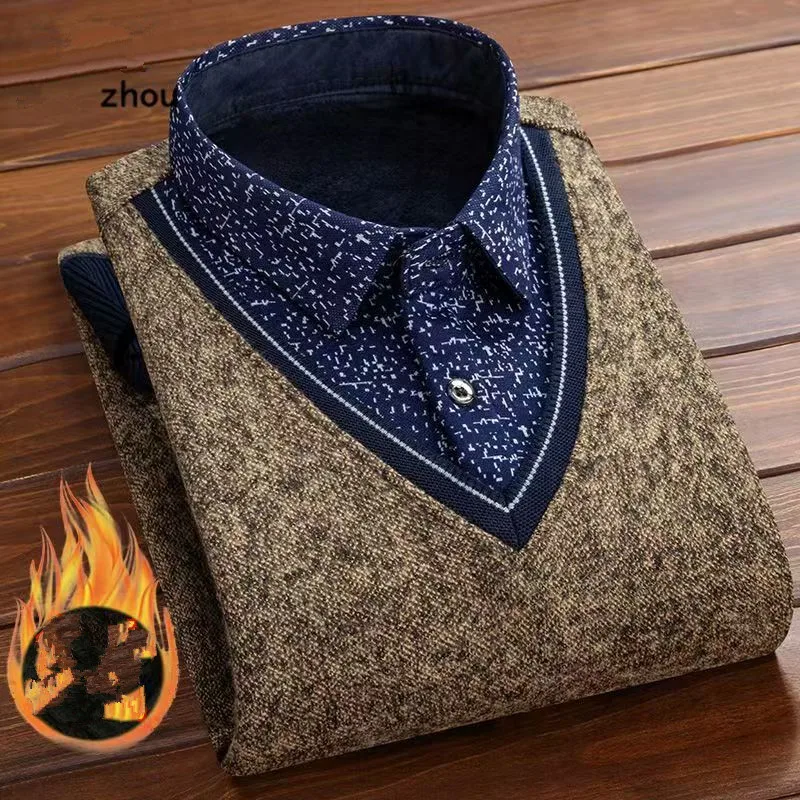 2026 Winter Fleece Warm-up Sweater For Men Long Collar Faux Double-Breasted Thick And Casual Jacket