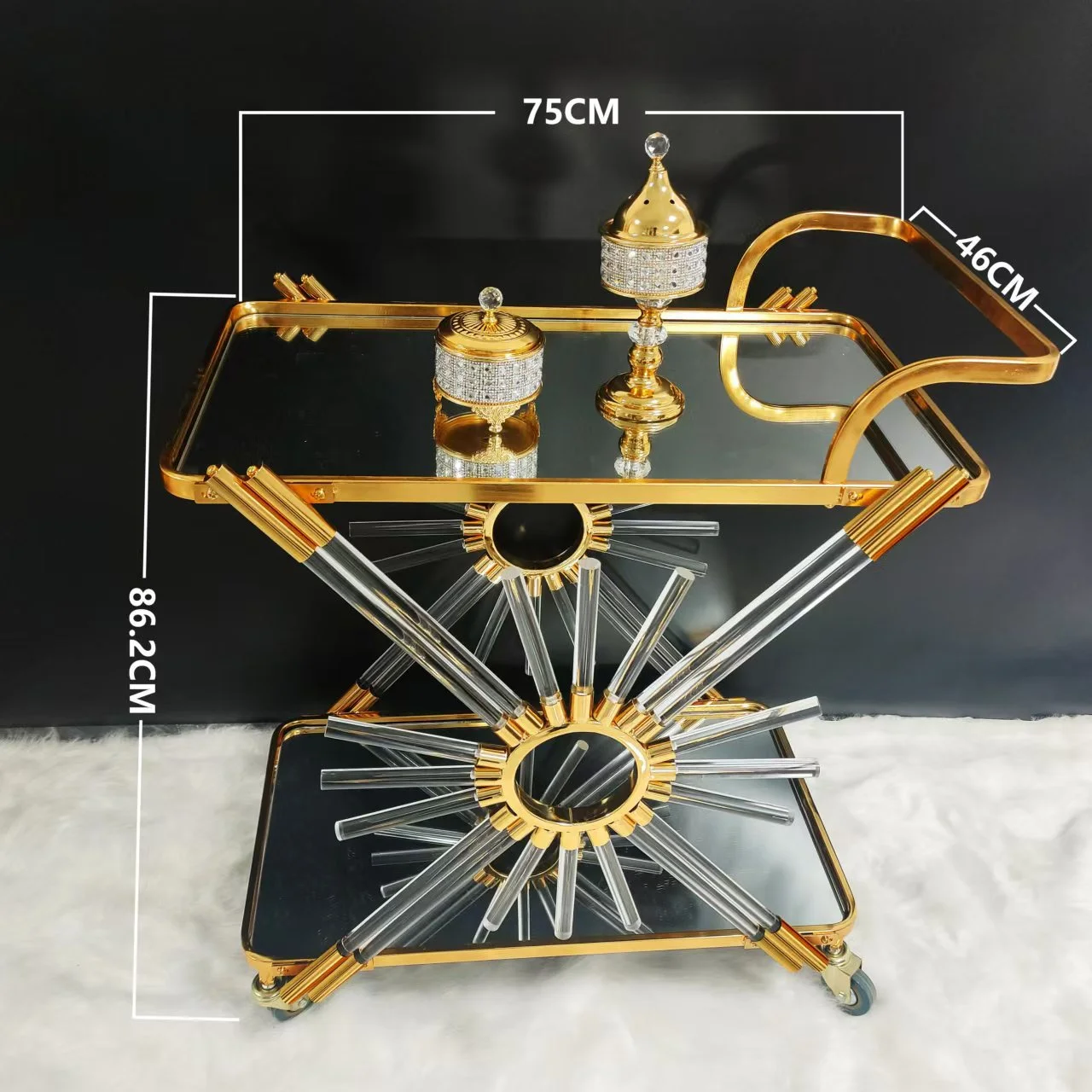 Nordric Crystal Gold Dining Trolley Triple Glass Metal For Wedding Hotel Wine Trolley