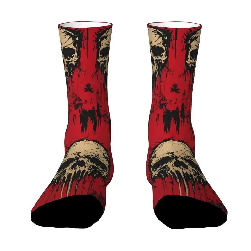 A Unisex Pair of Outdoor Socks Featuring a Dark Valentine's Day Skull Print Design with Bloodstain Effect on a Red Background