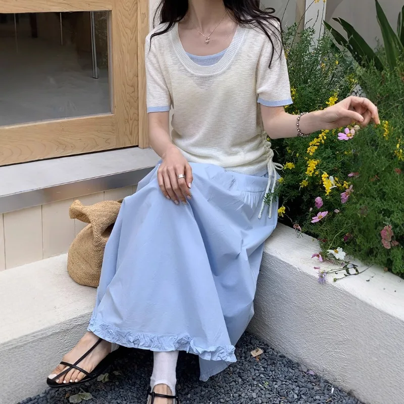 

Short-sleeved T-shirt for women in summer, design, contrasting colors, splicing, fake two-piece, lyocell, thin, knitted, straigh