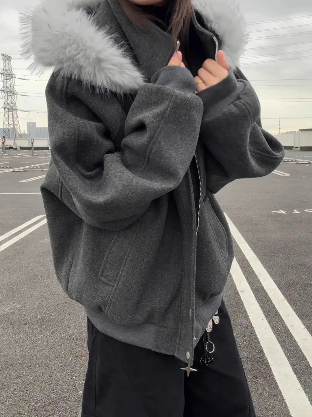 

Deep ey Thiened Hooded Cotton Jaet with Fur Collar for Men And Women Winter Warm Faionable American Sle Woolen Coat