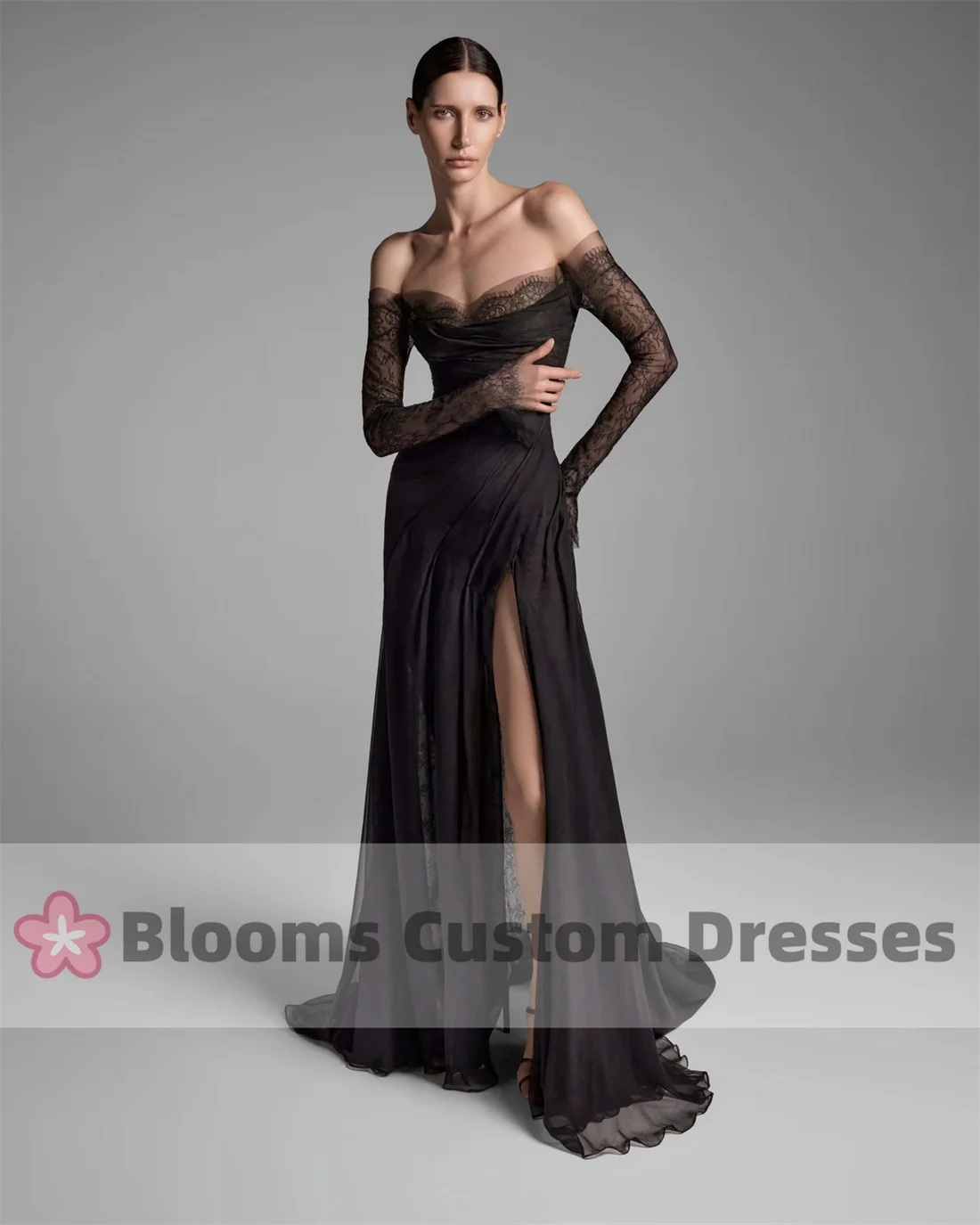 Blooms Customized See Through Elegant Black Evening Dresses Off Shoulder Long Sleeves High Slit Formal Sexy Wedding Prom Dress