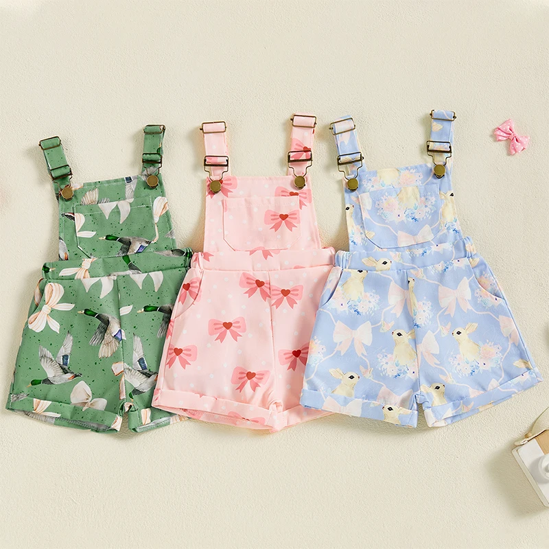 1-6 Years Little Girls Overalls Shorts Duck/Bunny/Bow Print Sleeveless Square Neck Suspender Jumpsuit Rompers