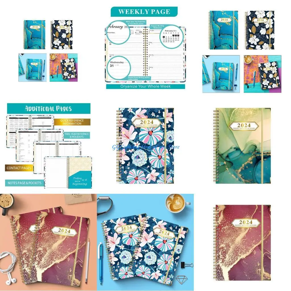 تقويم H9EB 2024 تقويم شهري، تقويم مزدوج الأسلاك لمخطط المكتب المنزلي