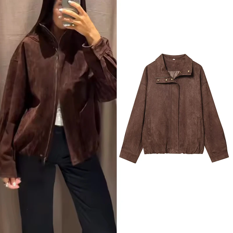 

TFMLN женская осенне-зимняя замшевая куртка-бомбер, женская повседневная однотонная куртка-стойка на молнии, пальто 2025 г., женская теплая верхняя одежда