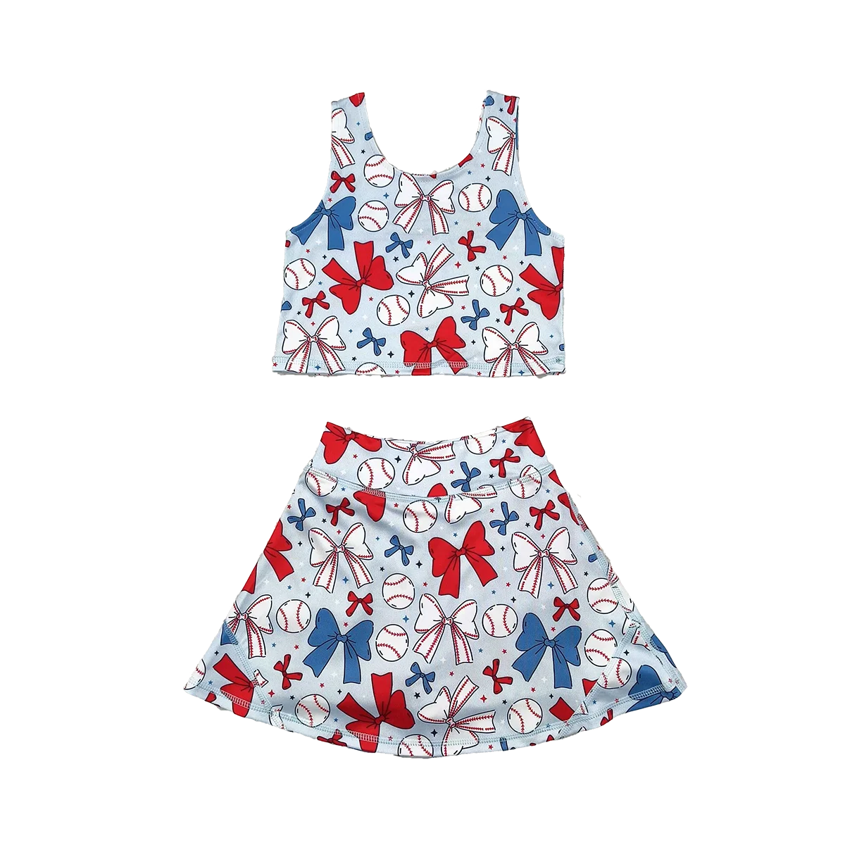 

GSD2151Baby Girls Summer Yoga Outfits Sleeveless baseball red blue bow kids girls active wear set